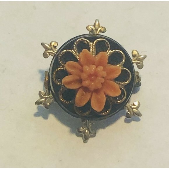 Vintage 3D Plastic Single Pink Flower Very Small Brooch Black Gold Tone - Picture 1 of 12